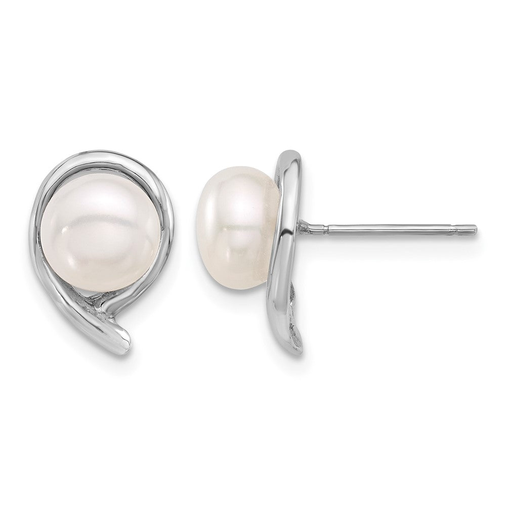 14K White Gold 7-8mm Button White FWC Pearl Post Earrings