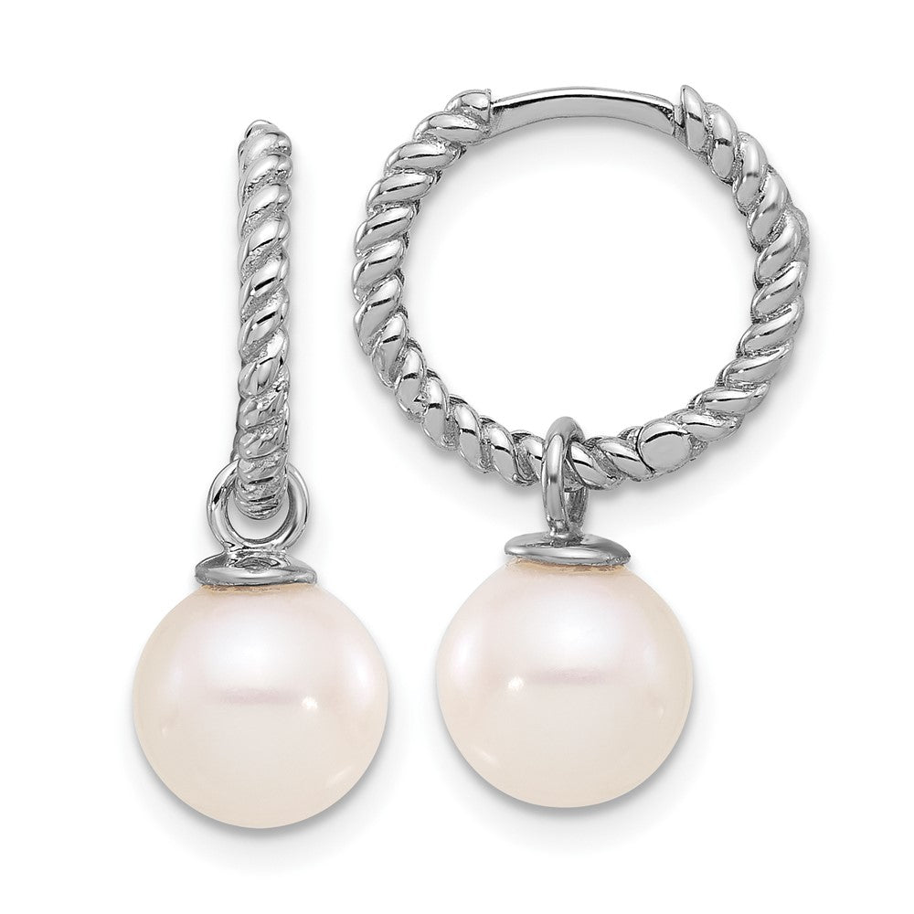 14K White Gold 7-8mm Black & White FWC Pearl Dangle Hoop Earrings