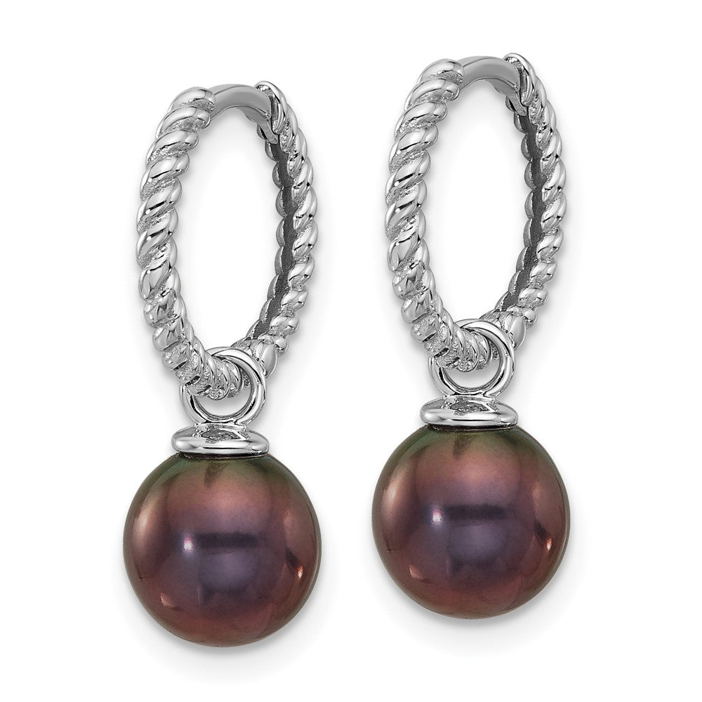 14K White Gold 7-8mm Black & White FWC Pearl Dangle Hoop Earrings