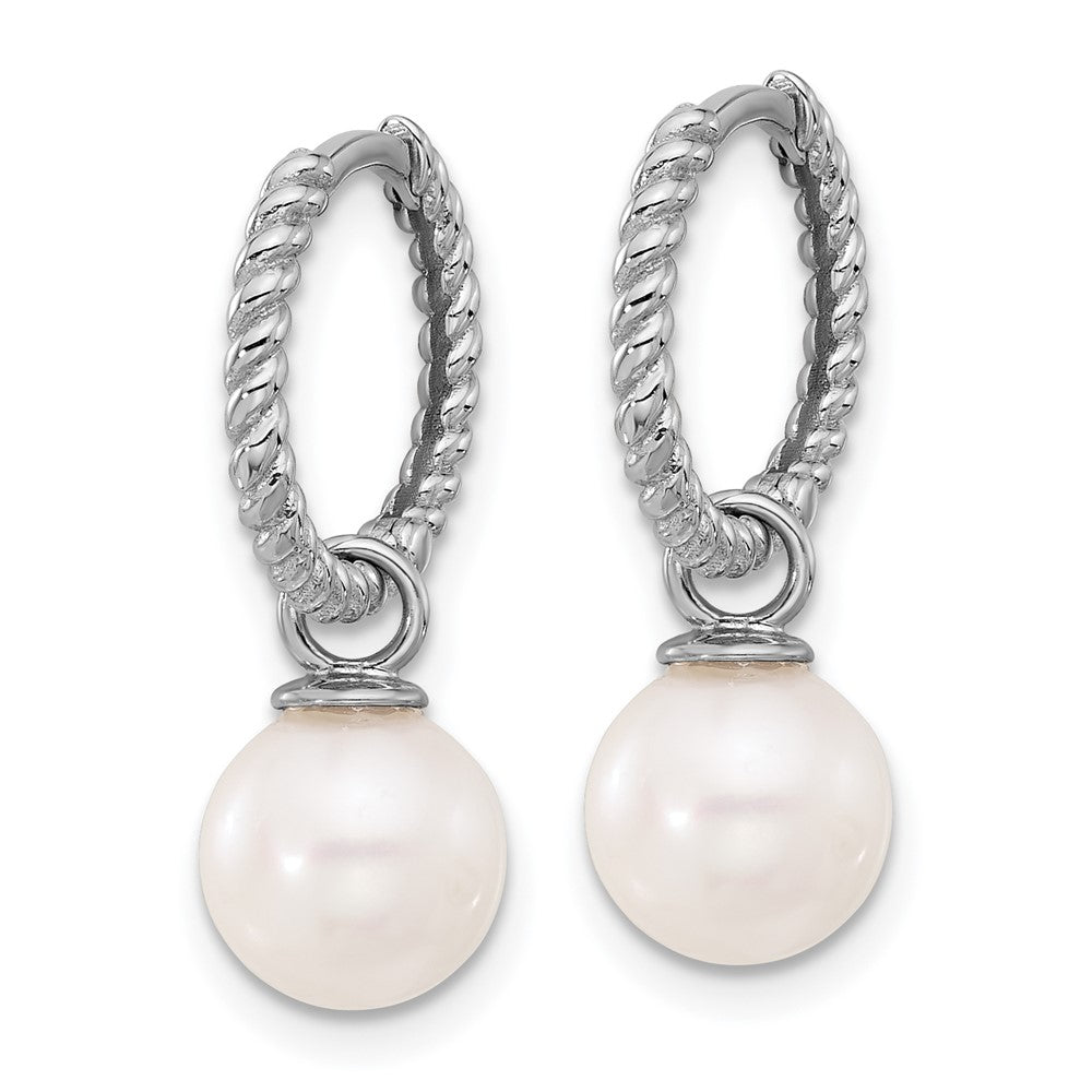 14K White Gold 7-8mm Black & White FWC Pearl Dangle Hoop Earrings