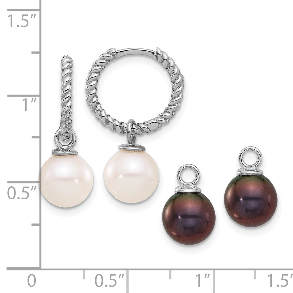 14K White Gold 7-8mm Black & White FWC Pearl Dangle Hoop Earrings