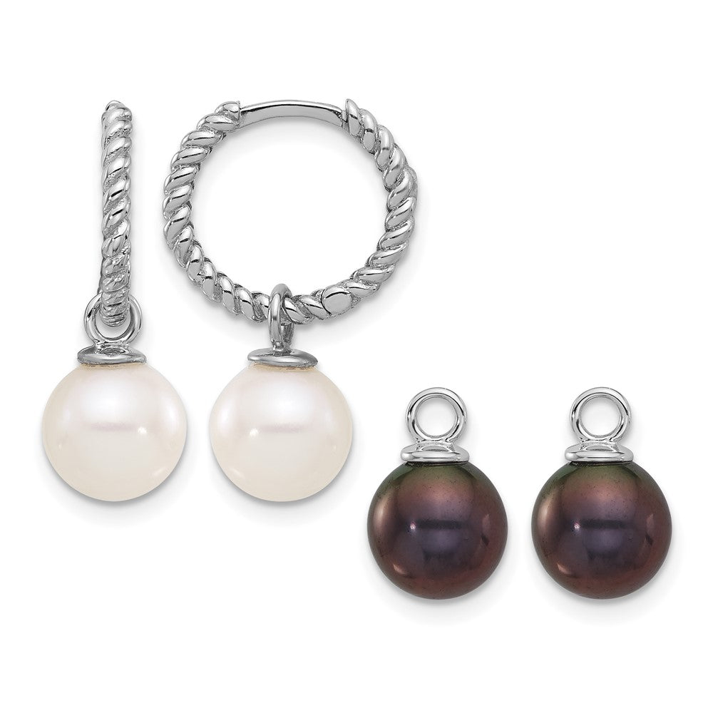 14K White Gold 7-8mm Black & White FWC Pearl Dangle Hoop Earrings