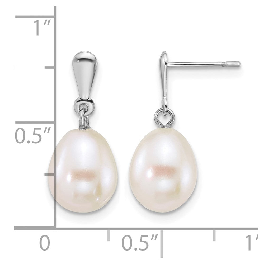 14k WG 8-9mm Rice White FW Cultured Pearl Post Dangle Earrings