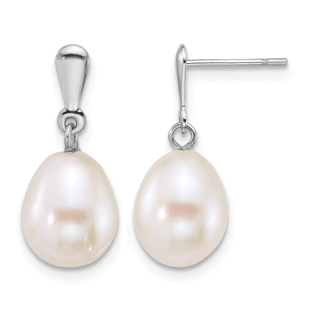 14k WG 8-9mm Rice White FW Cultured Pearl Post Dangle Earrings
