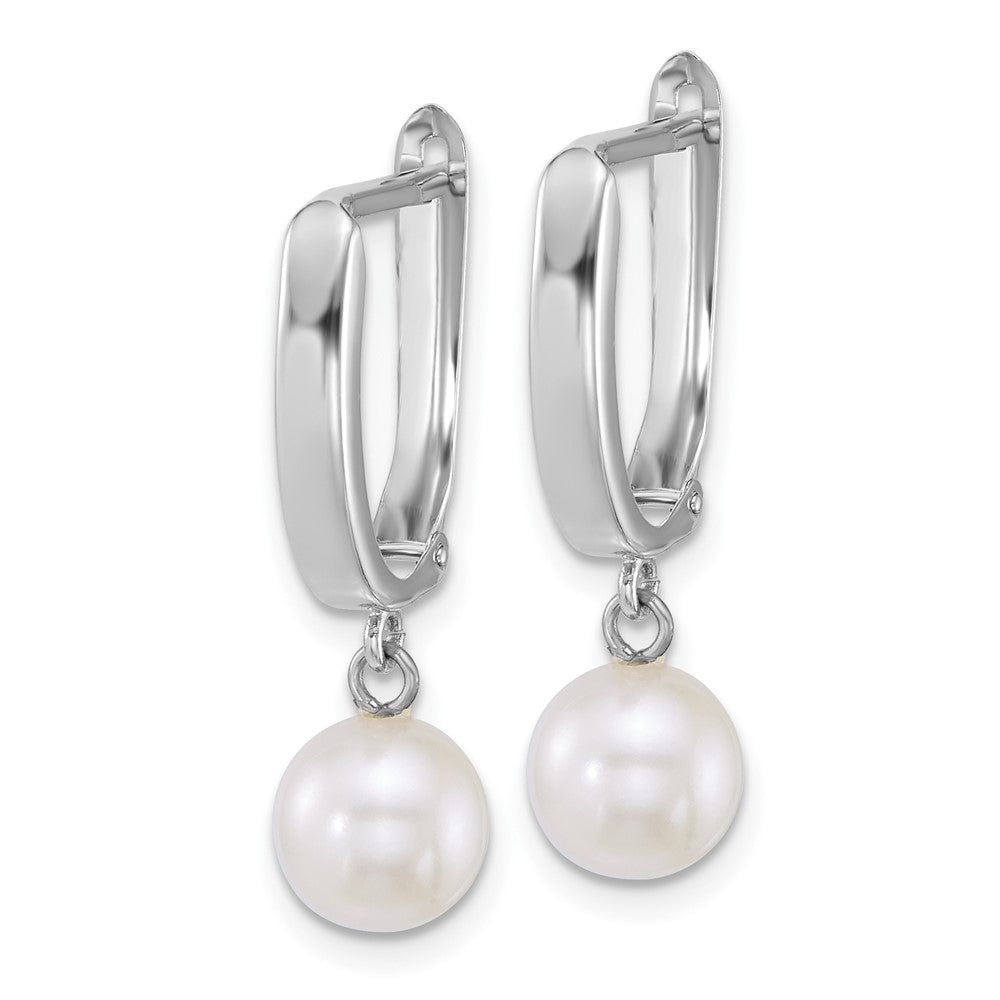 14k WG 7-8mm Round White FW Cultured Pearl Dangle Hoop Earrings