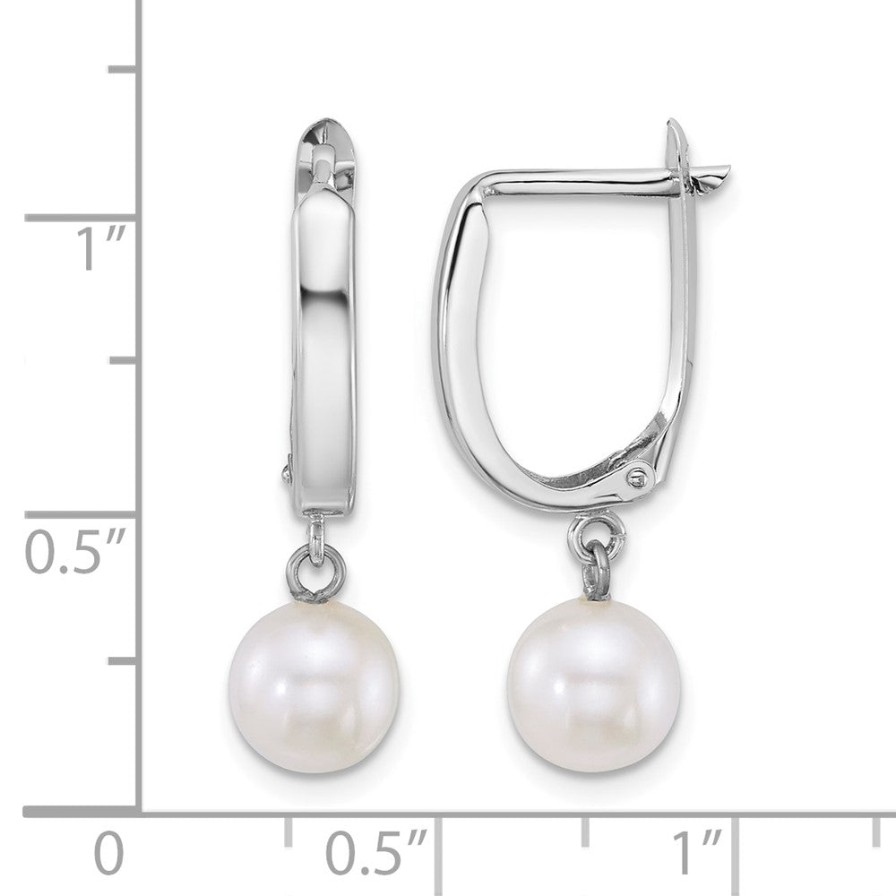 14k WG 7-8mm Round White FW Cultured Pearl Dangle Hoop Earrings