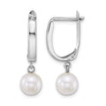 14k WG 7-8mm Round White FW Cultured Pearl Dangle Hoop Earrings