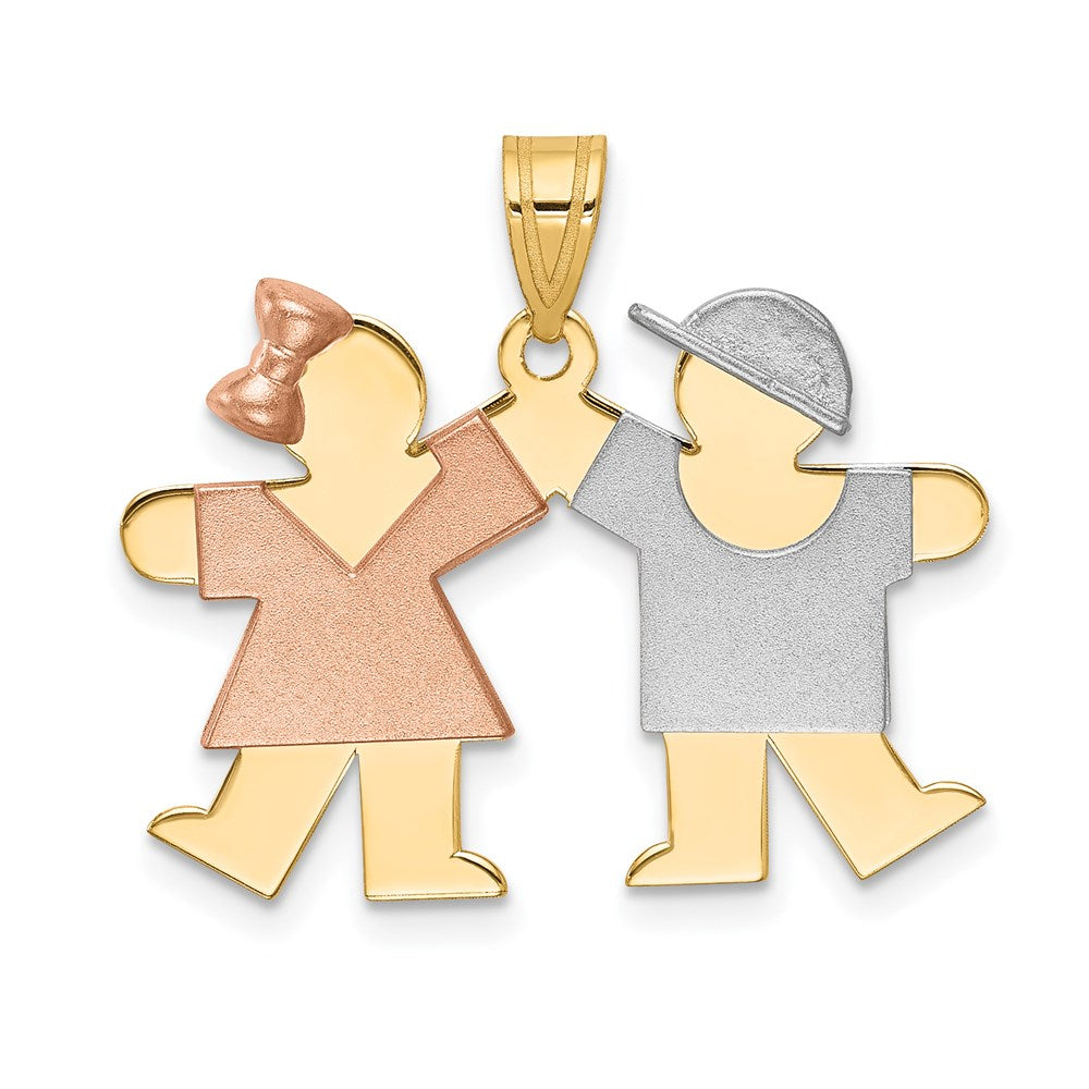 14k Tri-Color Small Girl on Left and Boy on Right Engravable Charm