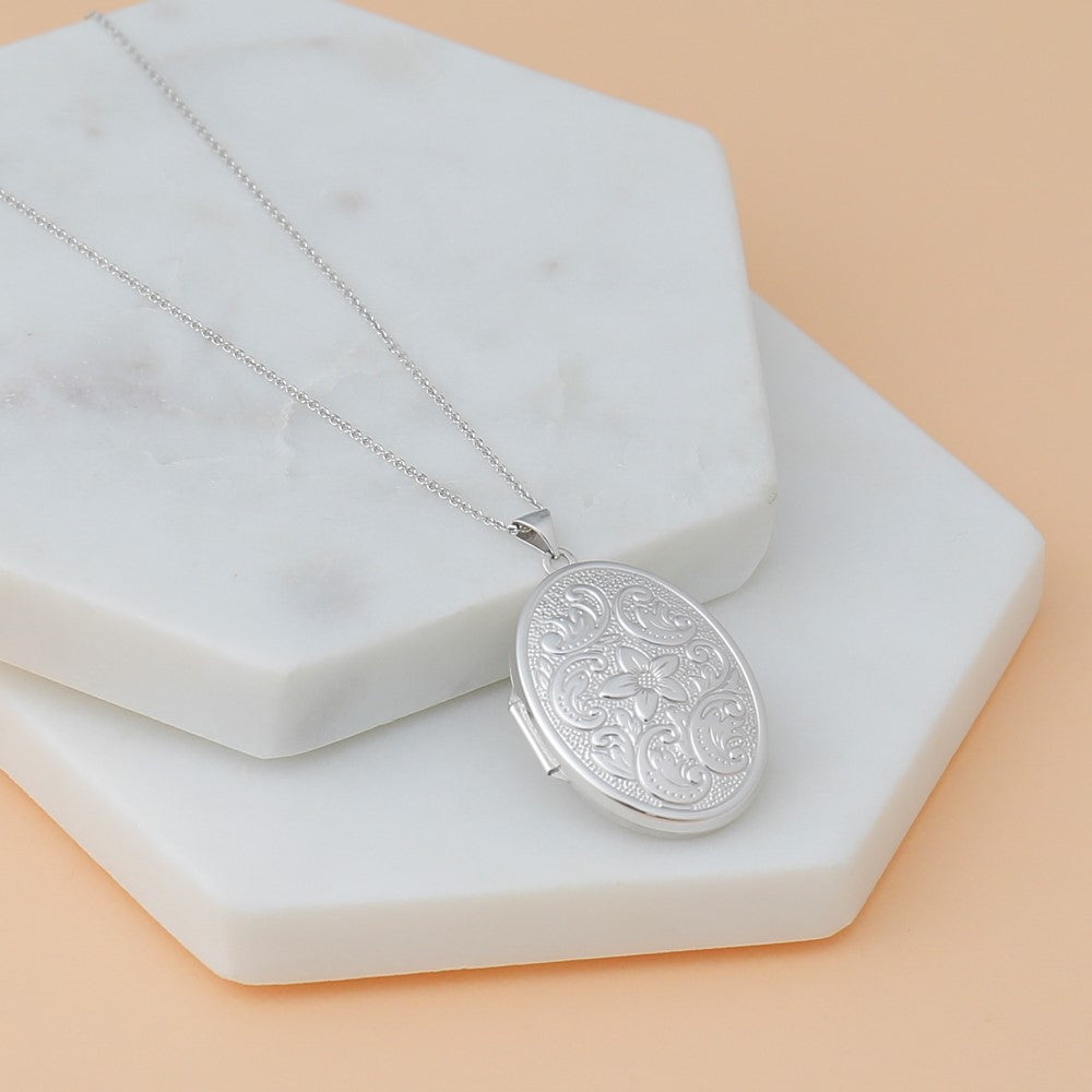 14k White Gold 32mm Oval Flower With Scrolls Locket