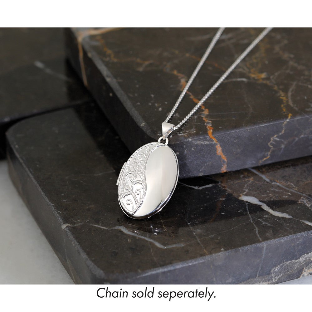 14k White Gold 26mm 1/2 Hand Engraved Scroll Oval Locket