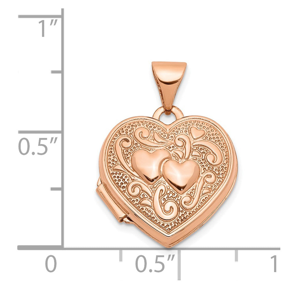 14k Rose Gold Textured Double Heart Scroll Design 15mm Heart Locket