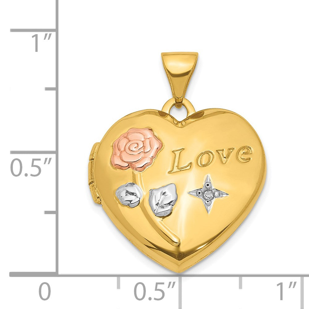 14K w/White & Rose Rhodium Love Rose Diamond Heart Locket Pendant