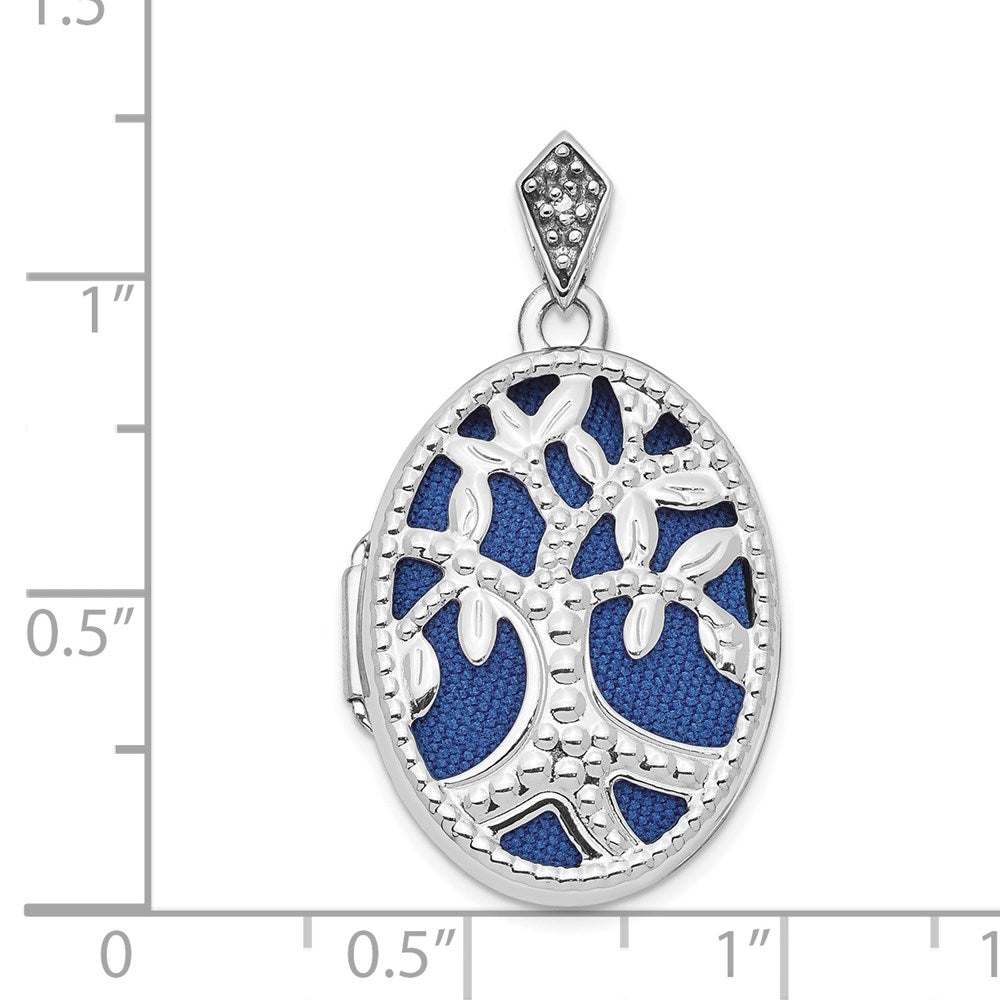 14K White Gold Diamond Tree 23mm Blue Fabric Locket Pendant