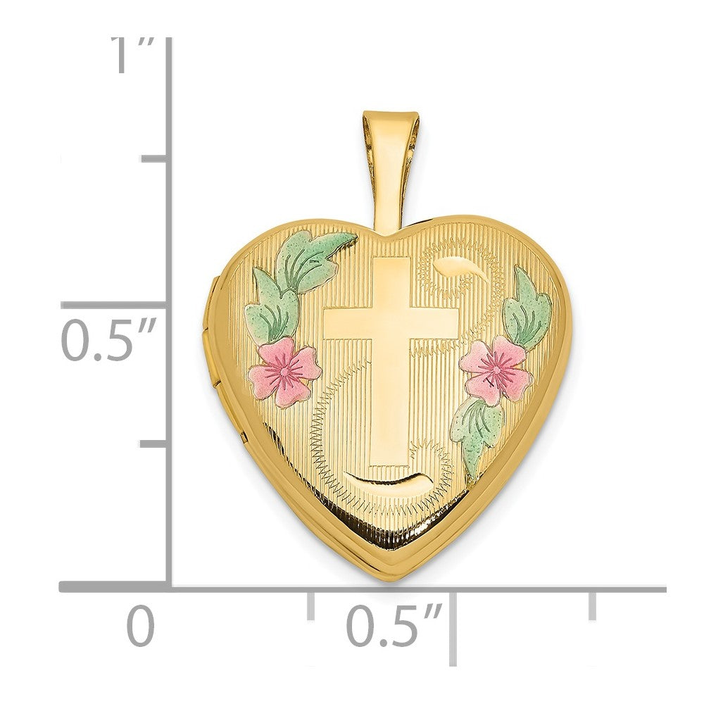 14ky 16mm with Enamel Floral Cross Heart Locket