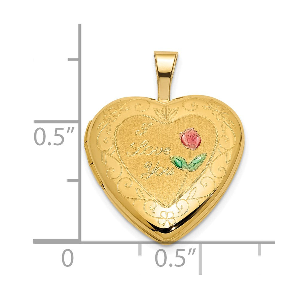 14K Polished and Satin w/ Enamel 16mm I LOVE YOU Rose Heart Locket
