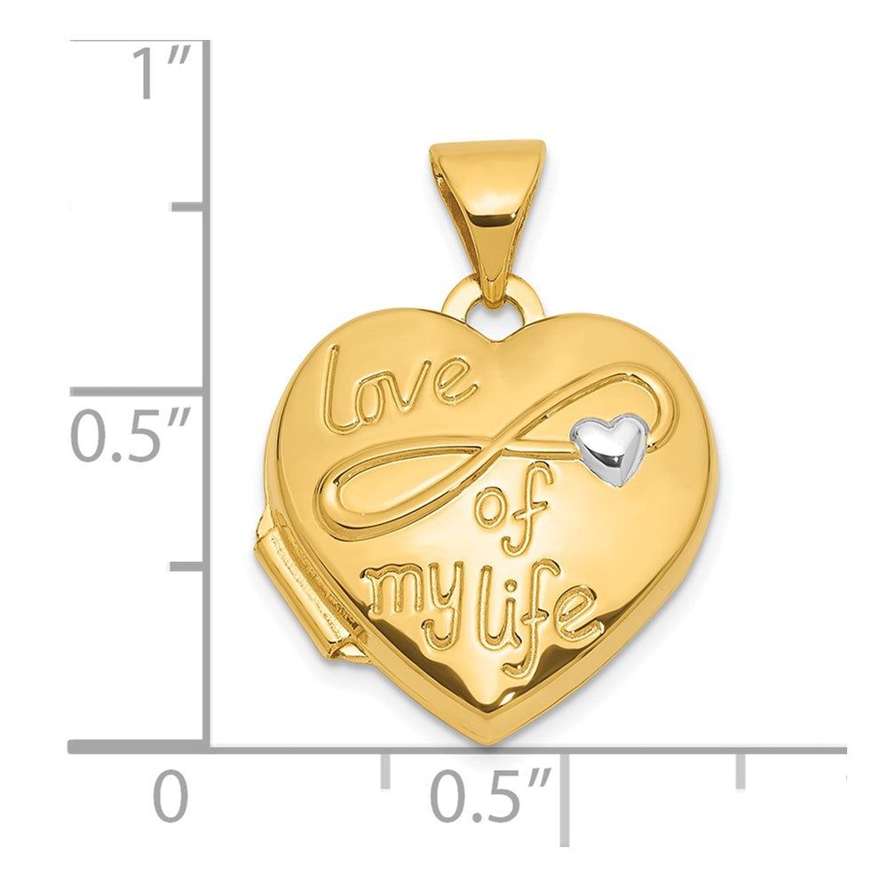 14K and White Rhodium Polished LOVE OF MY LIFE 15mm Heart Locket