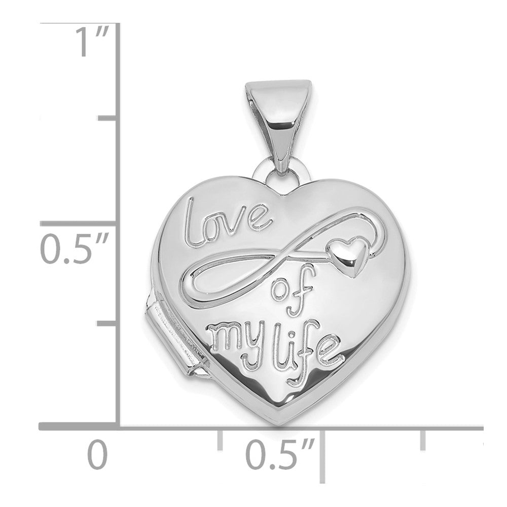 14k White Gold Polished LOVE OF MY LIFE 15mm Heart Locket