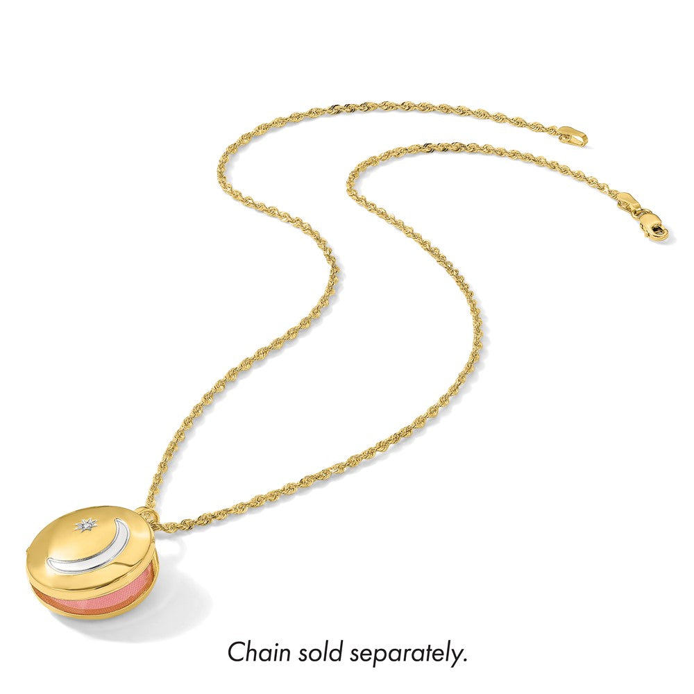 14K with White Rhodium 20mm Diamond Moon & Star Round Locket