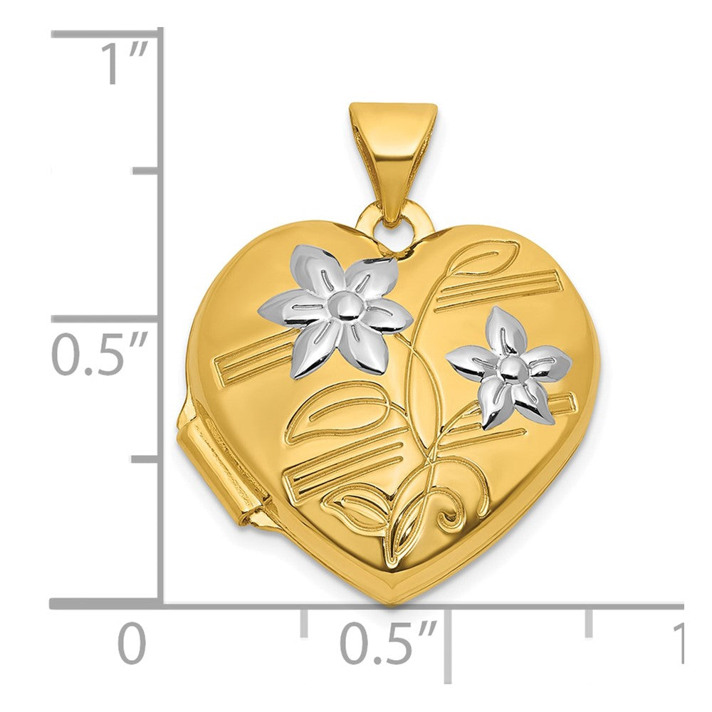 14k and Rhodium Polished Floral 18mm Heart Locket