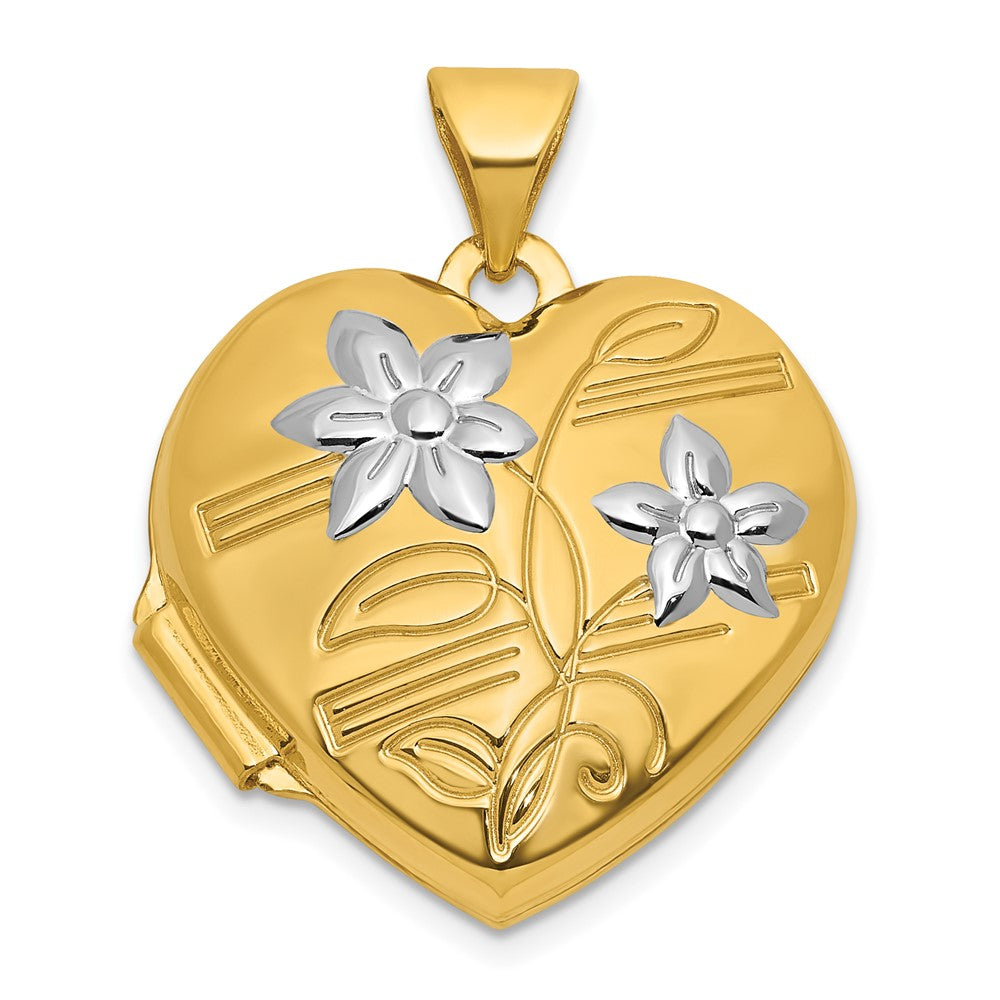 14k and Rhodium Polished Floral 18mm Heart Locket