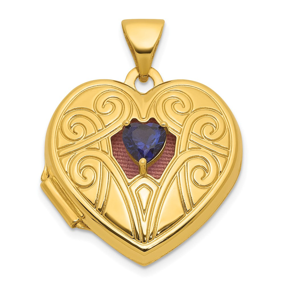 14k Polish Lab Created Sapphire September Birthstone 18mm Heart Locket
