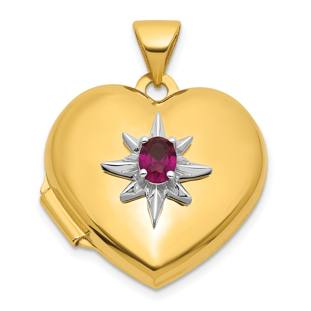14k and White Rhodium Polished Lab Created Ruby 18mm Heart Locket