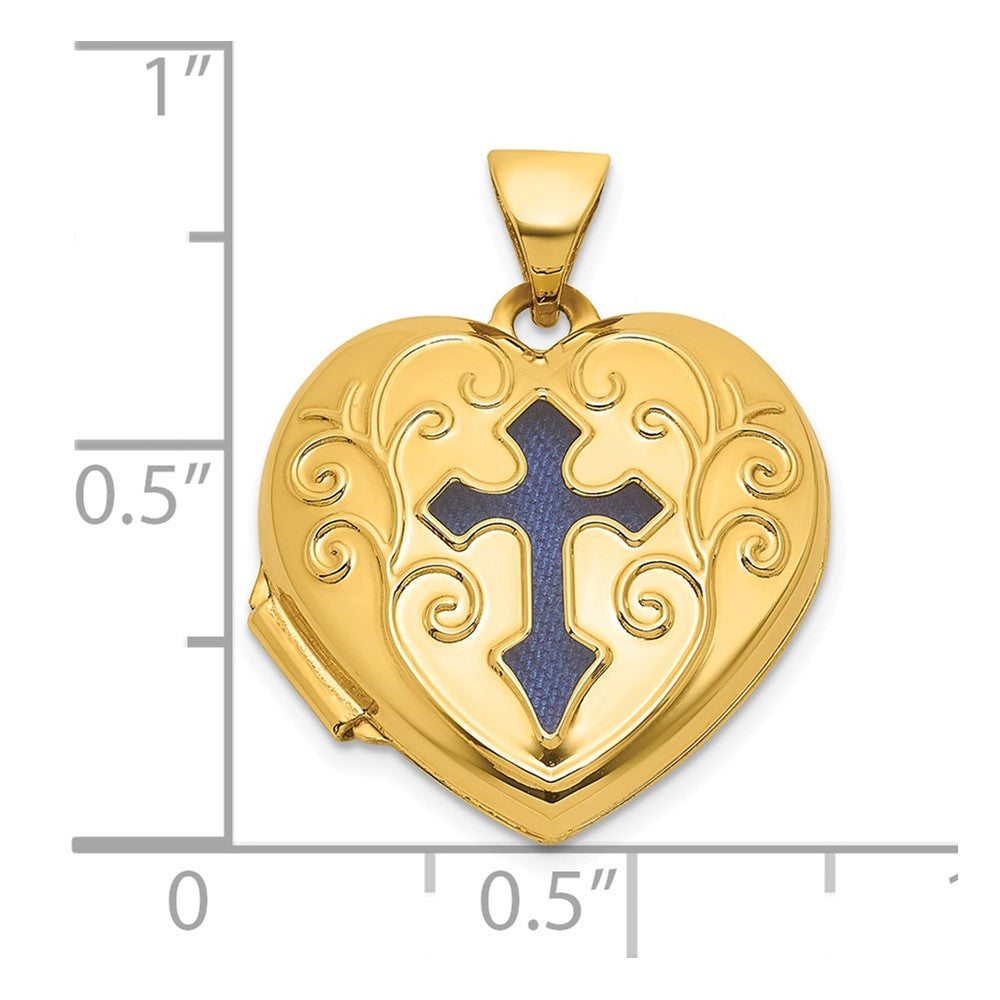 14k Polished Blue Fabric Open Cross 18mm Heart Locket