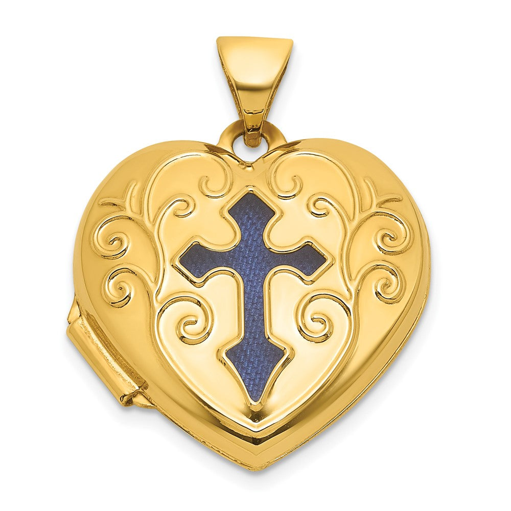 14k Polished Blue Fabric Open Cross 18mm Heart Locket