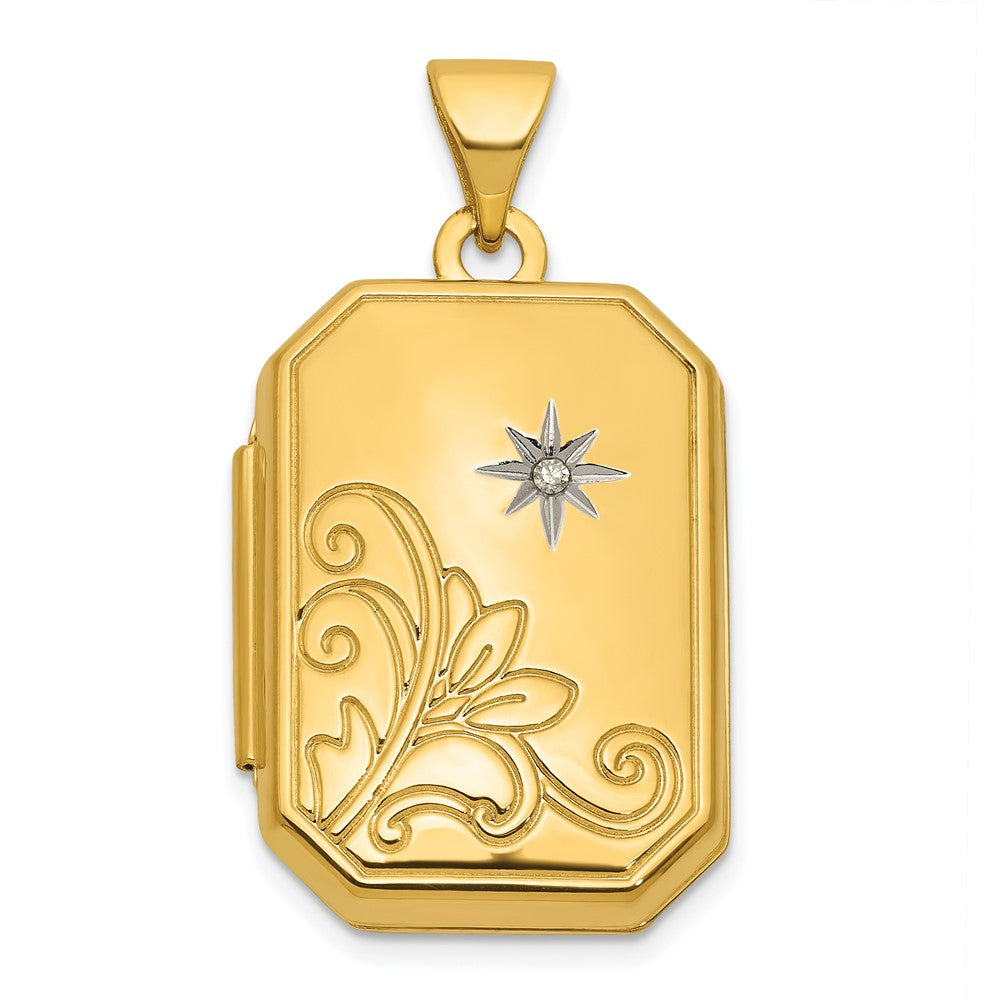 14k Diamond Polished Floral And Star 20mm Rectangle Locket