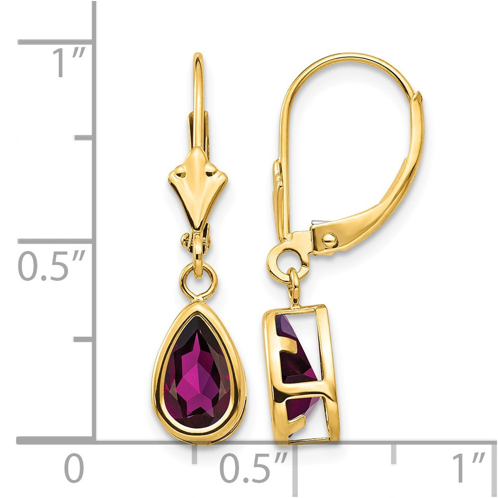 14k 8x5mm Pear Rhodolite Garnet Leverback Earrings