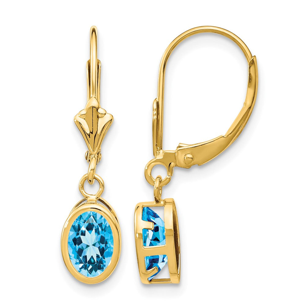 14k 7x5mm Oval Blue Topaz Leverback Earrings