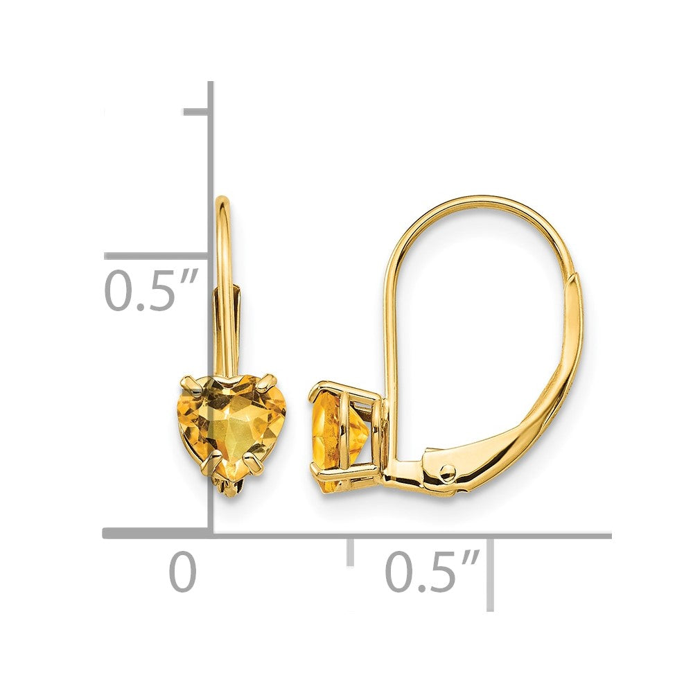 14k 5mm Heart Citrine Leverback Earrings