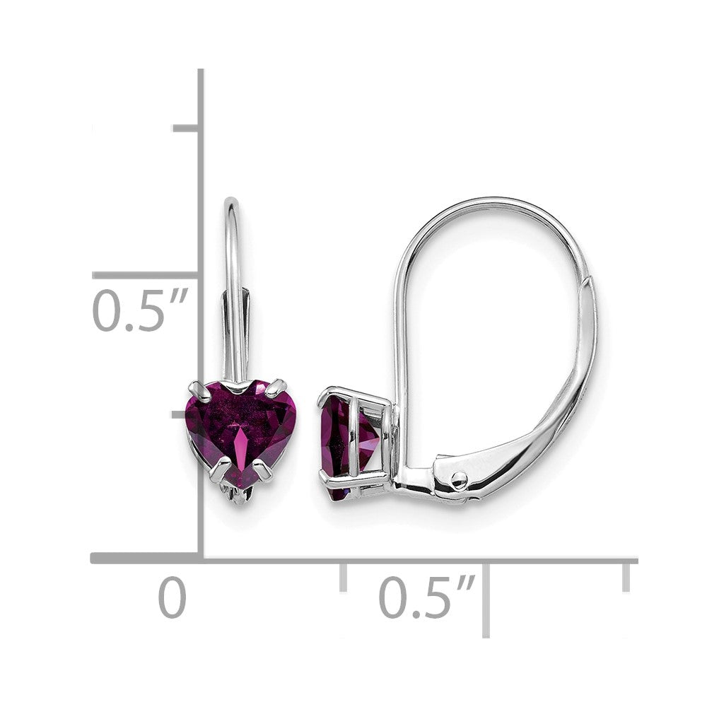 14k White Gold 5mm Heart Rhodolite Garnet Leverback Earrings