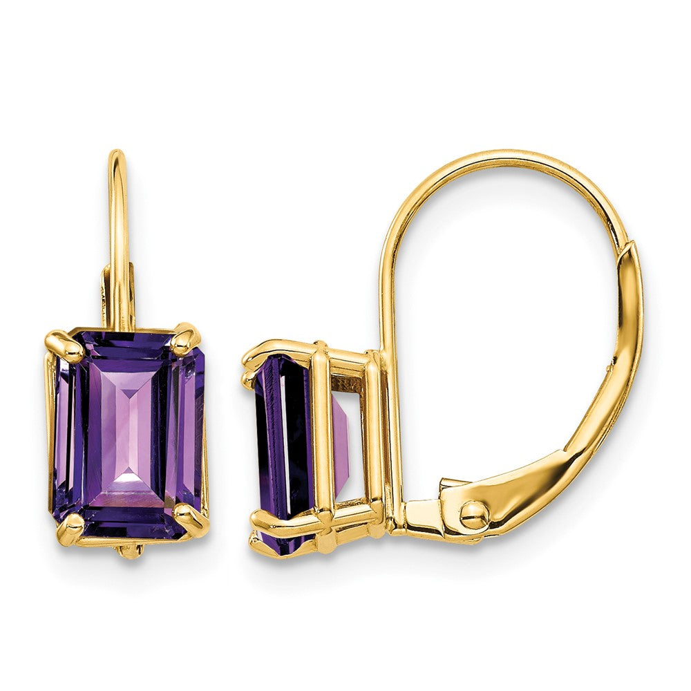 14k 7x5mm Emerald Cut Amethyst Leverback Earrings