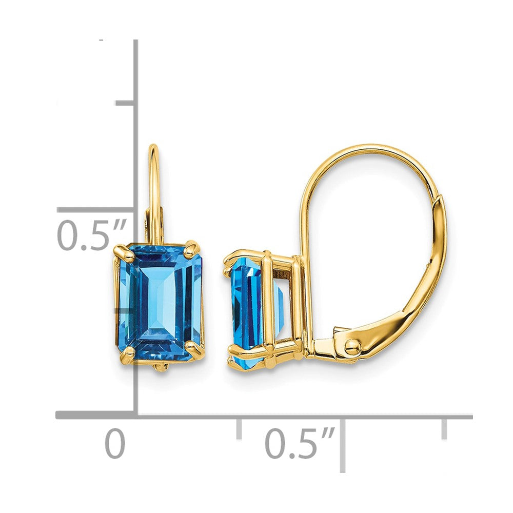 14k 7x5mm Emerald Cut Blue Topaz Leverback Earrings