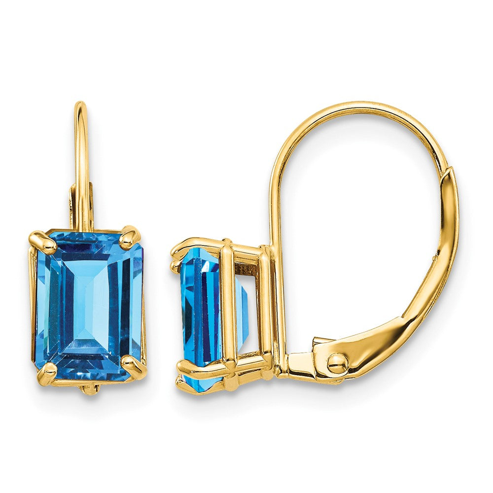 14k 7x5mm Emerald Cut Blue Topaz Leverback Earrings
