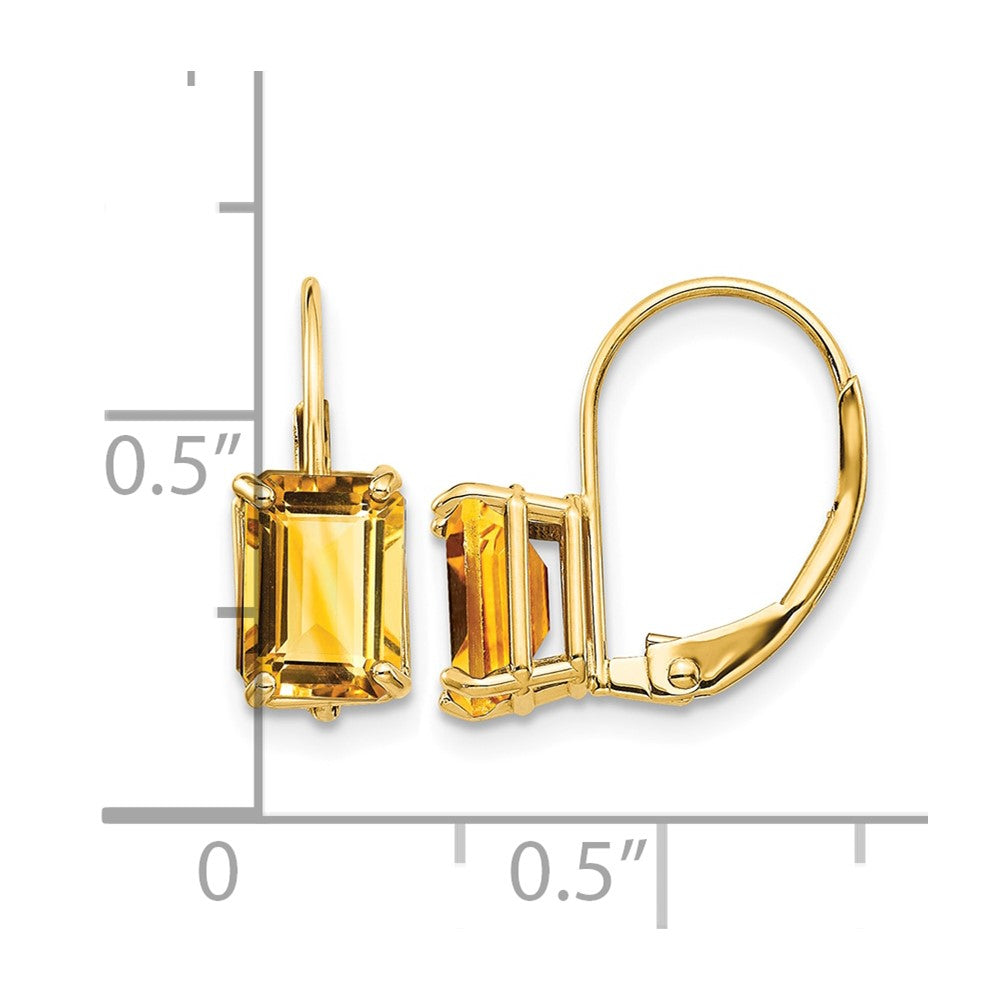 14k 7x5mm Emerald Cut Citrine Leverback Earrings