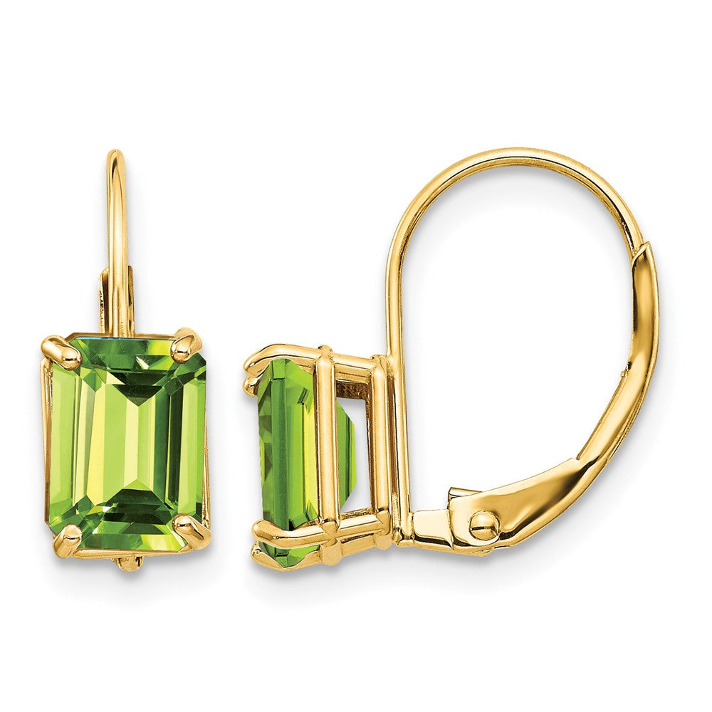 14k 7x5mm Emerald Cut Peridot Leverback Earrings