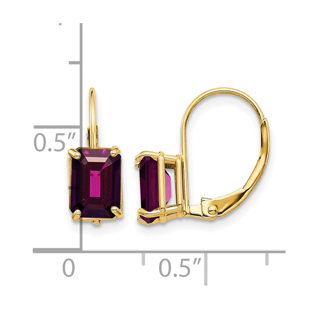 14k 7x5mm Emerald Cut Rhodolite Garnet Leverback Earrings