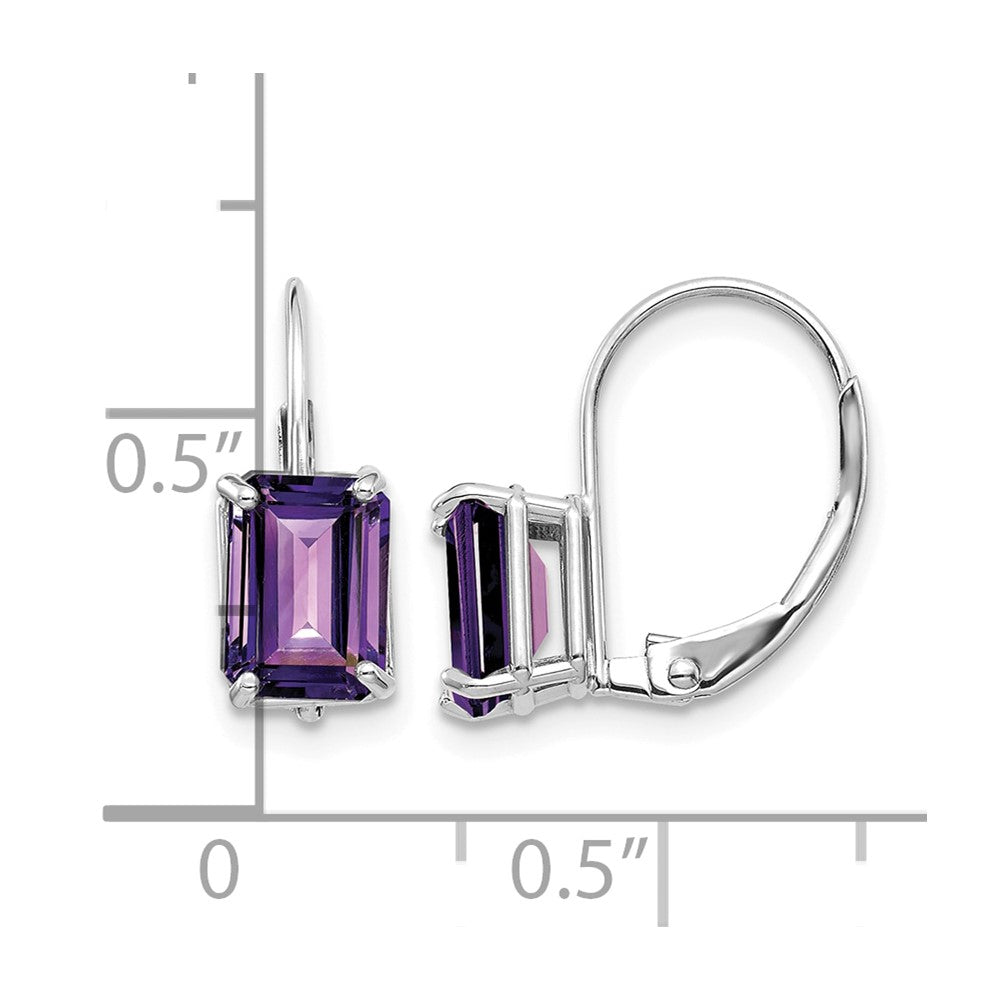 14k White Gold 7x5mm Emerald Cut Amethyst Leverback Earrings