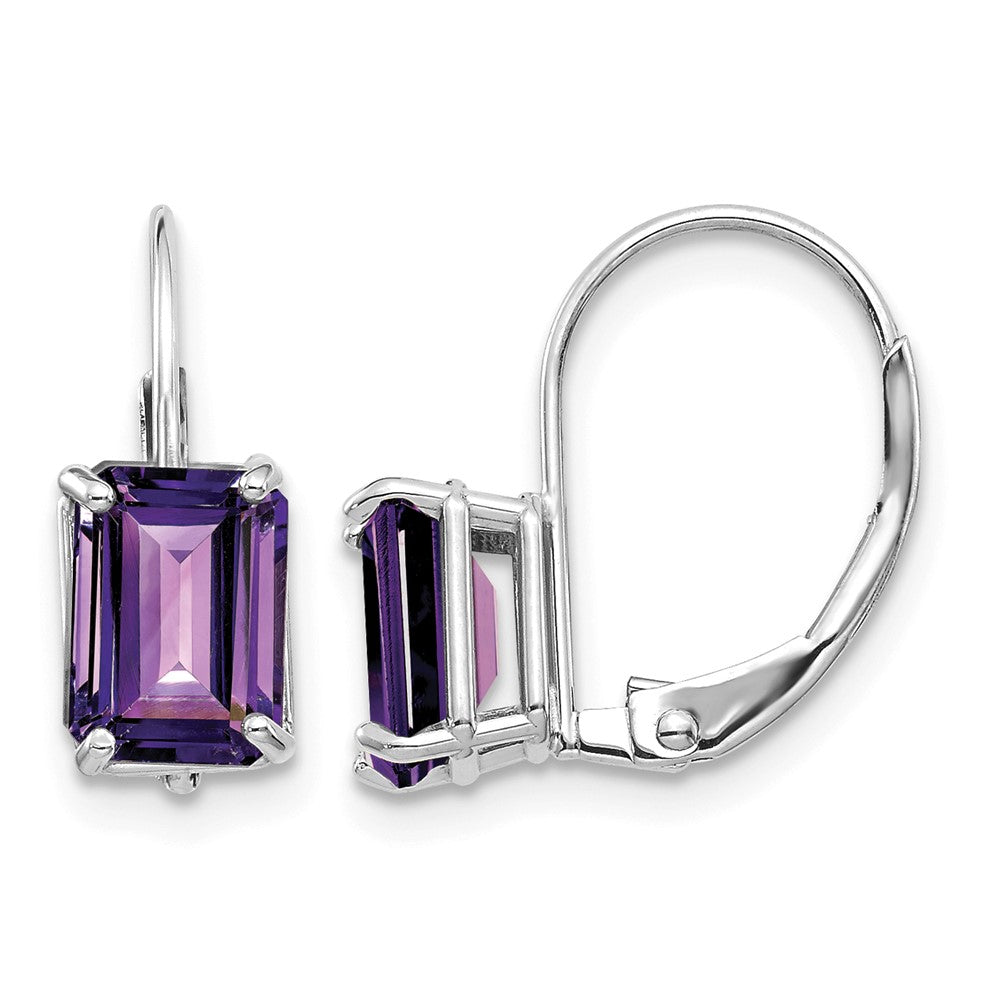 14k White Gold 7x5mm Emerald Cut Amethyst Leverback Earrings