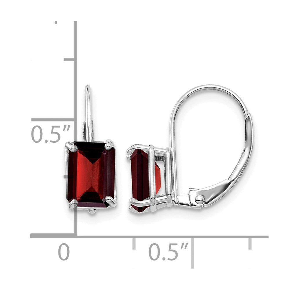 14k White Gold Emerald Cut Garnet Leverback Earrings