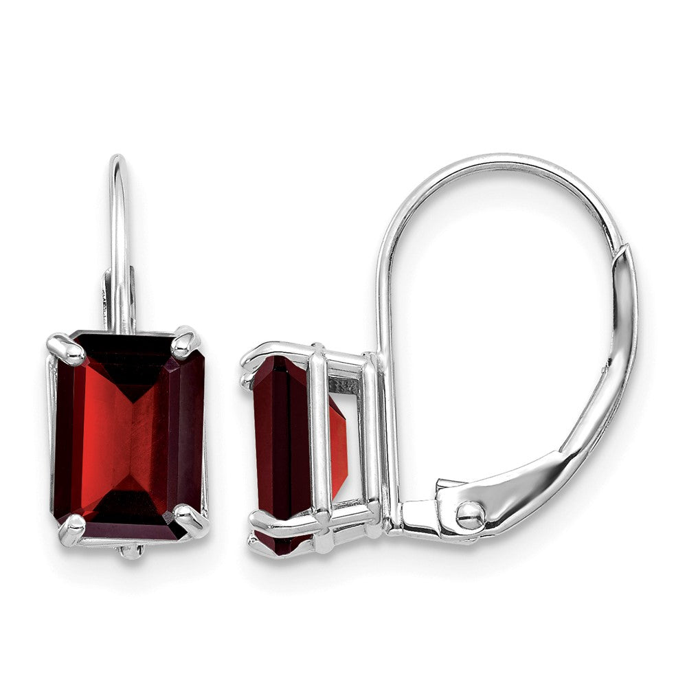 14k White Gold Emerald Cut Garnet Leverback Earrings