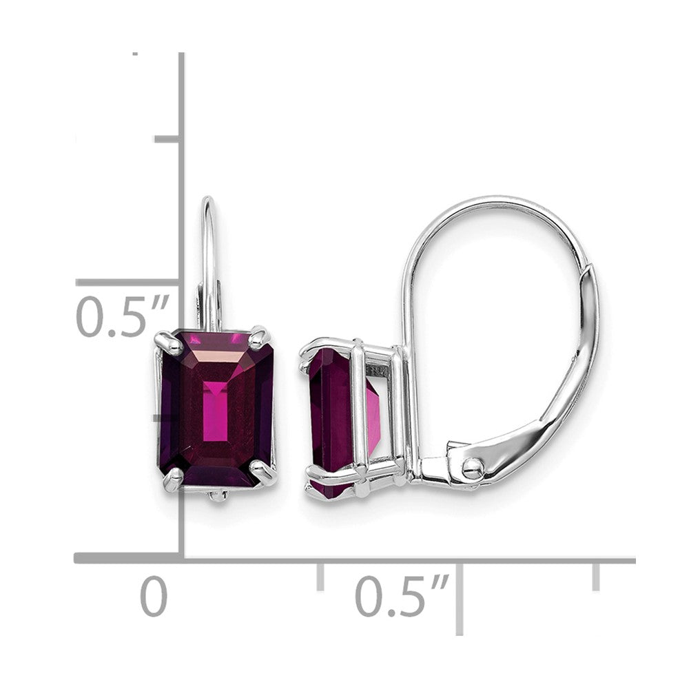 14k White Gold 7x4 Emerald Cut Rhodolite Garnet Leverback Earrings