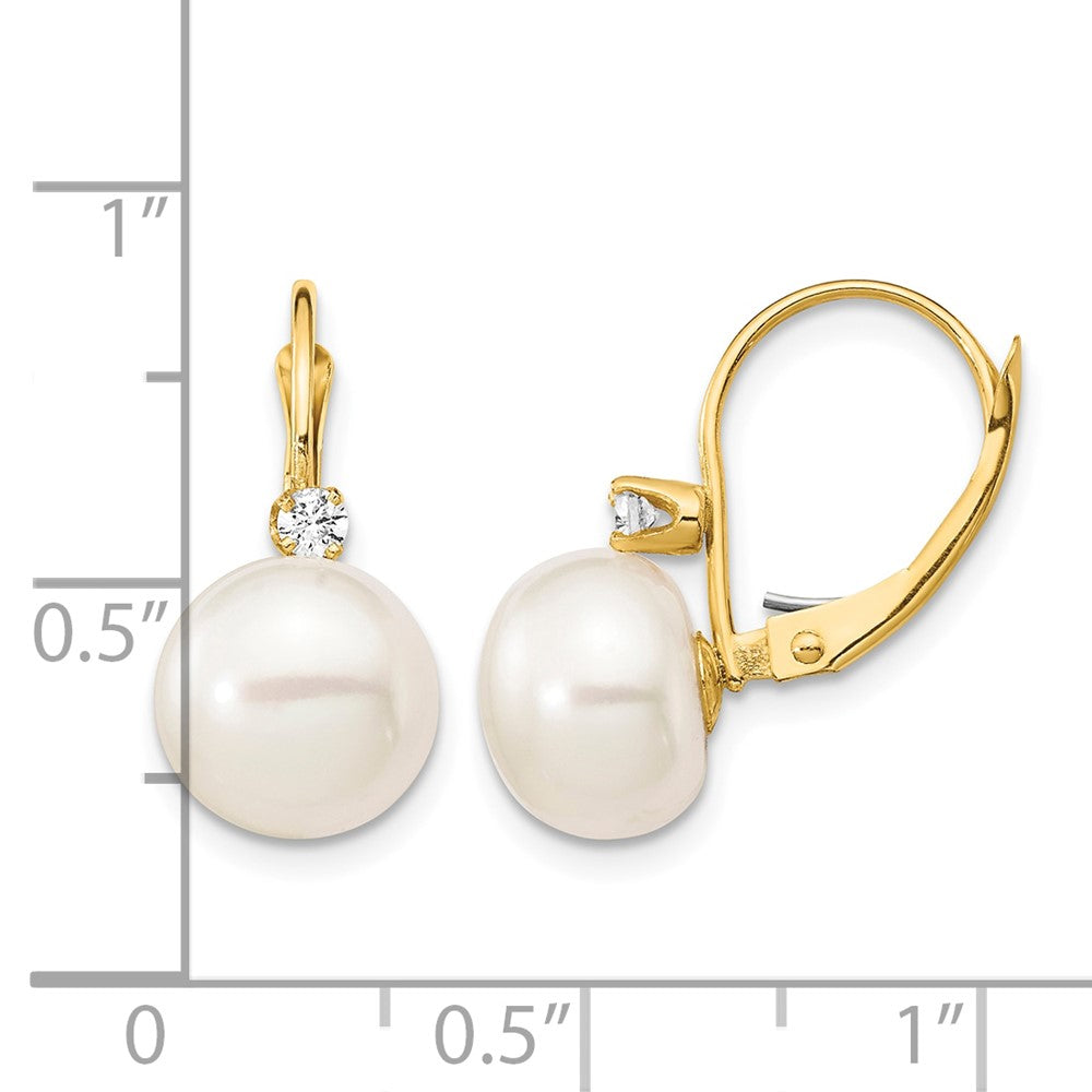 14K 10-11mm White Button FWC Pearl .10ct Diamond Leverback Earrings