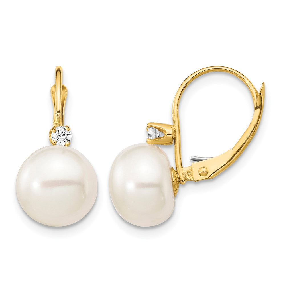 14K 10-11mm White Button FWC Pearl .10ct Diamond Leverback Earrings