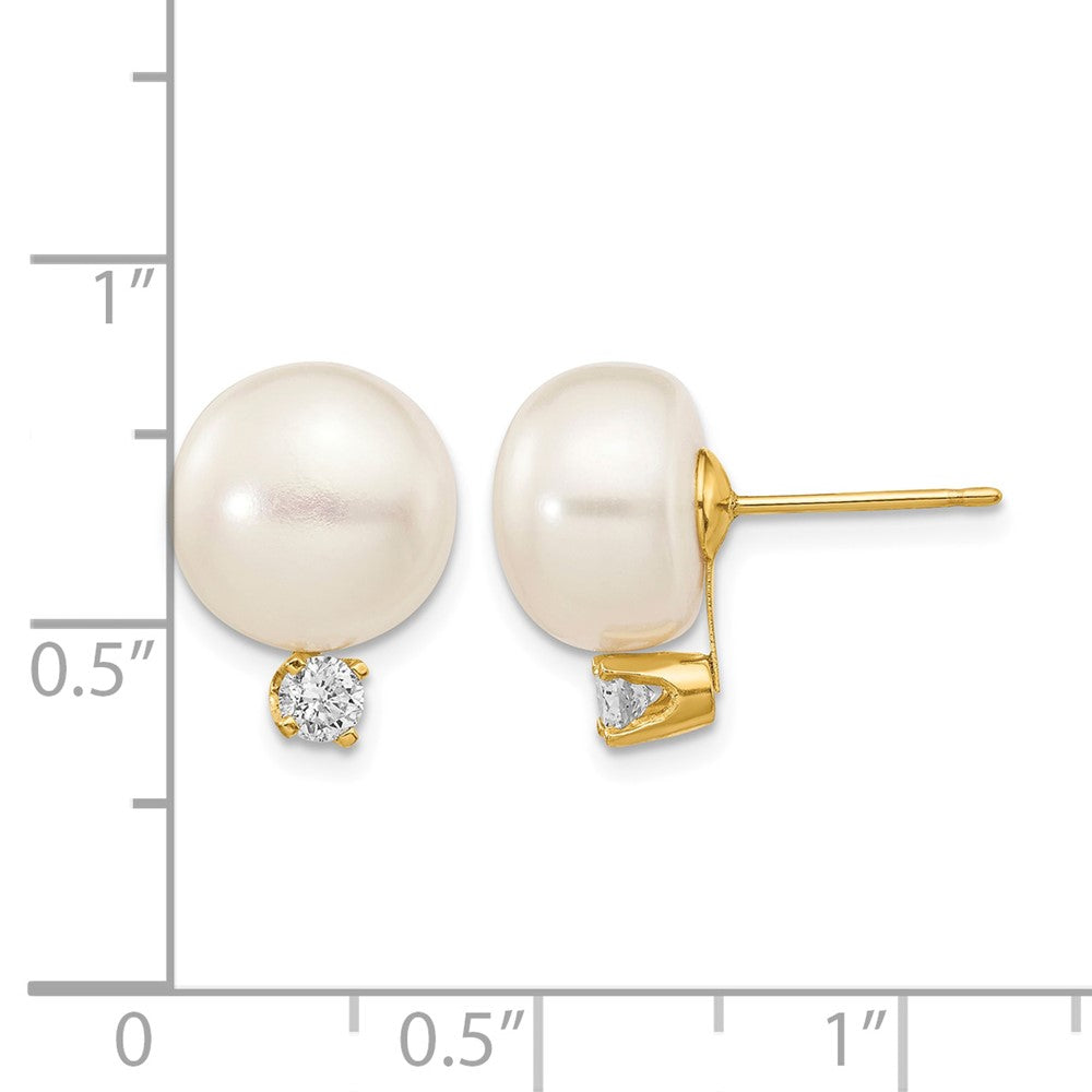 14k 10-11mm White Button FW Cultured Pearl .2ct Diamond Post Earrings