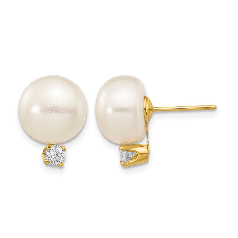 14k 10-11mm White Button FW Cultured Pearl .2ct Diamond Post Earrings