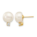 14k 10-11mm White Button FW Cultured Pearl .2ct Diamond Post Earrings