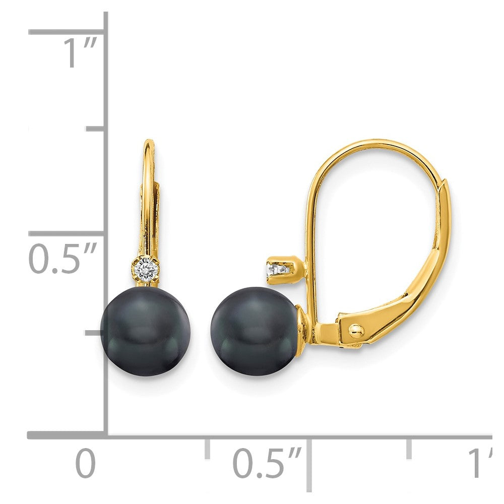 14k 5-6mm Black FW Cultured Pearl AA Diamond Leverback Earrings